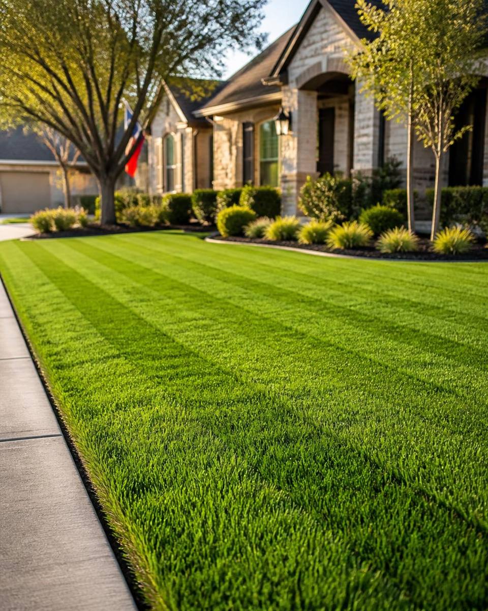 Freshly mowed striped lawn in front of a North Texas home